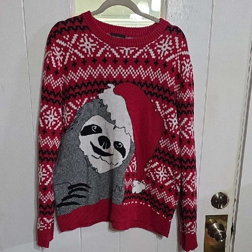 Alex Stevens Mens Christmas Sweater Sloth In‎ Santa Hat Cotton Party Sz L EUC